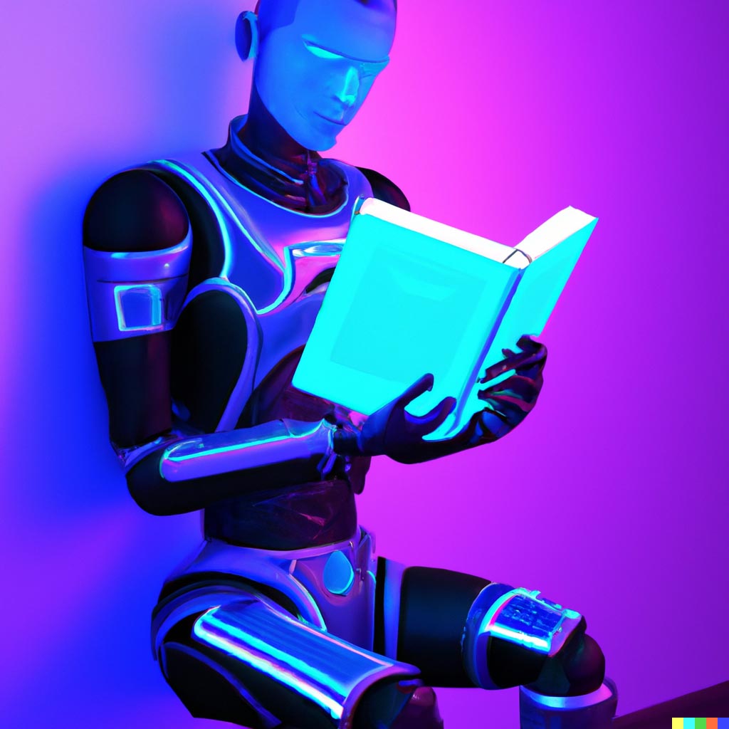 DALL·E prompt: humanoid solarpunk robot reading a book, neon lighting futuristic UI minority report